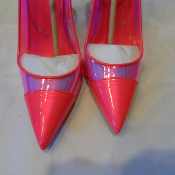 New Christian Louboutin Neon Pink PVC Studded Heel Mary Jane Pumps – IT 38.5B - Picture 3 of 16